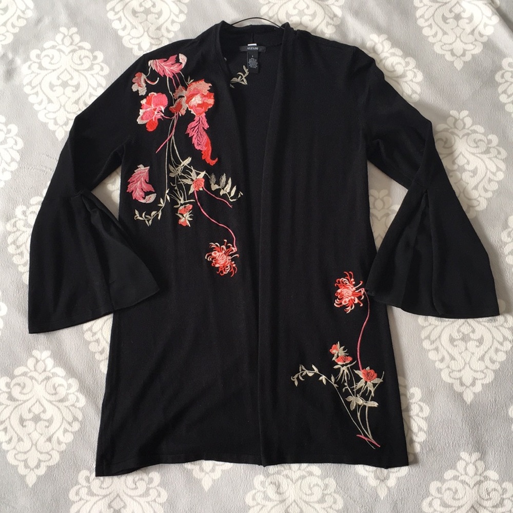 Alfani - Black Floral Cardigan With Bell Sleeves